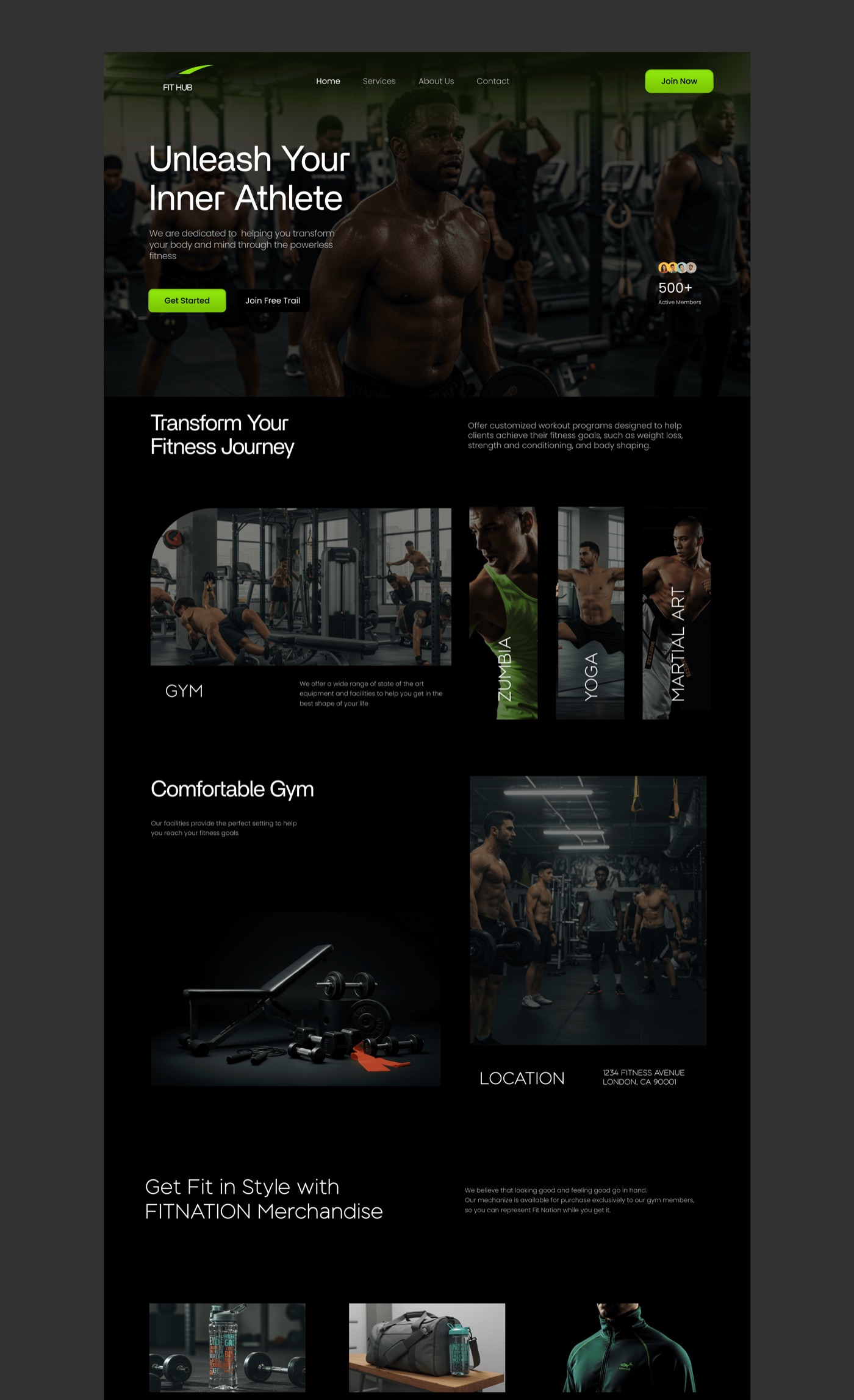 Fithub: The full homepage: hero with Get Started and a free trial, the classes, location, merch and a closing join section. Scroll inside the frame.
