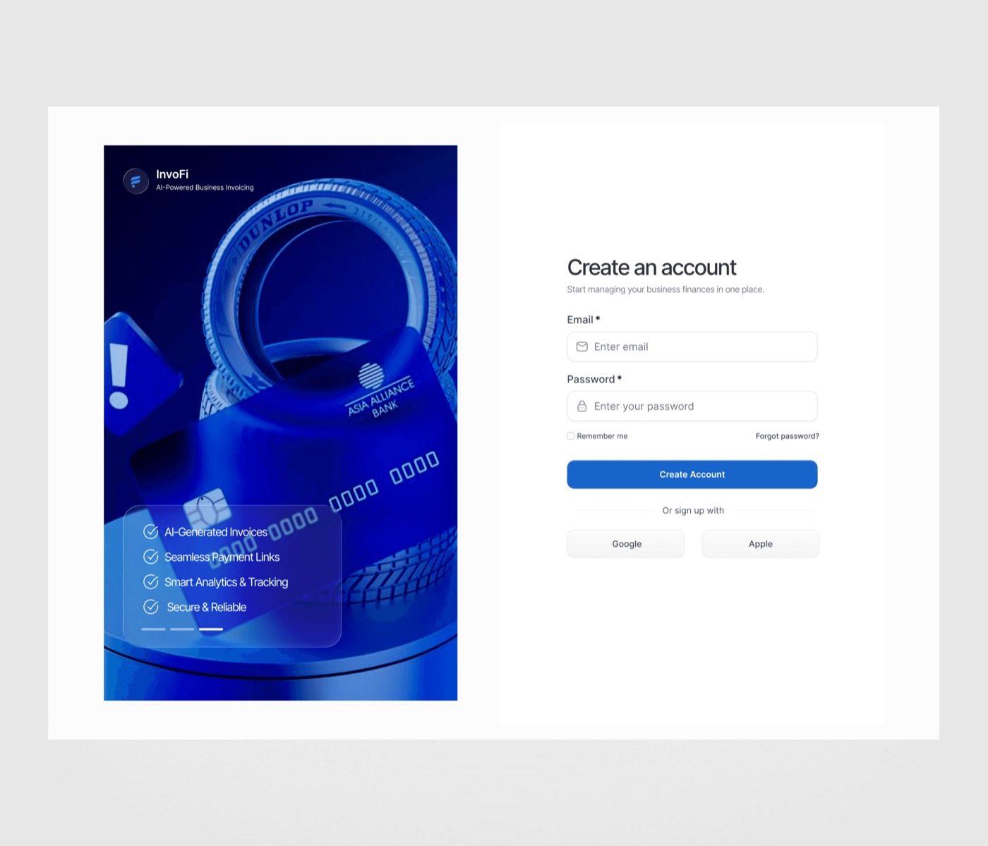 Create an account: email, or Google and Apple sign-in, with the product’s four promises beside the form
