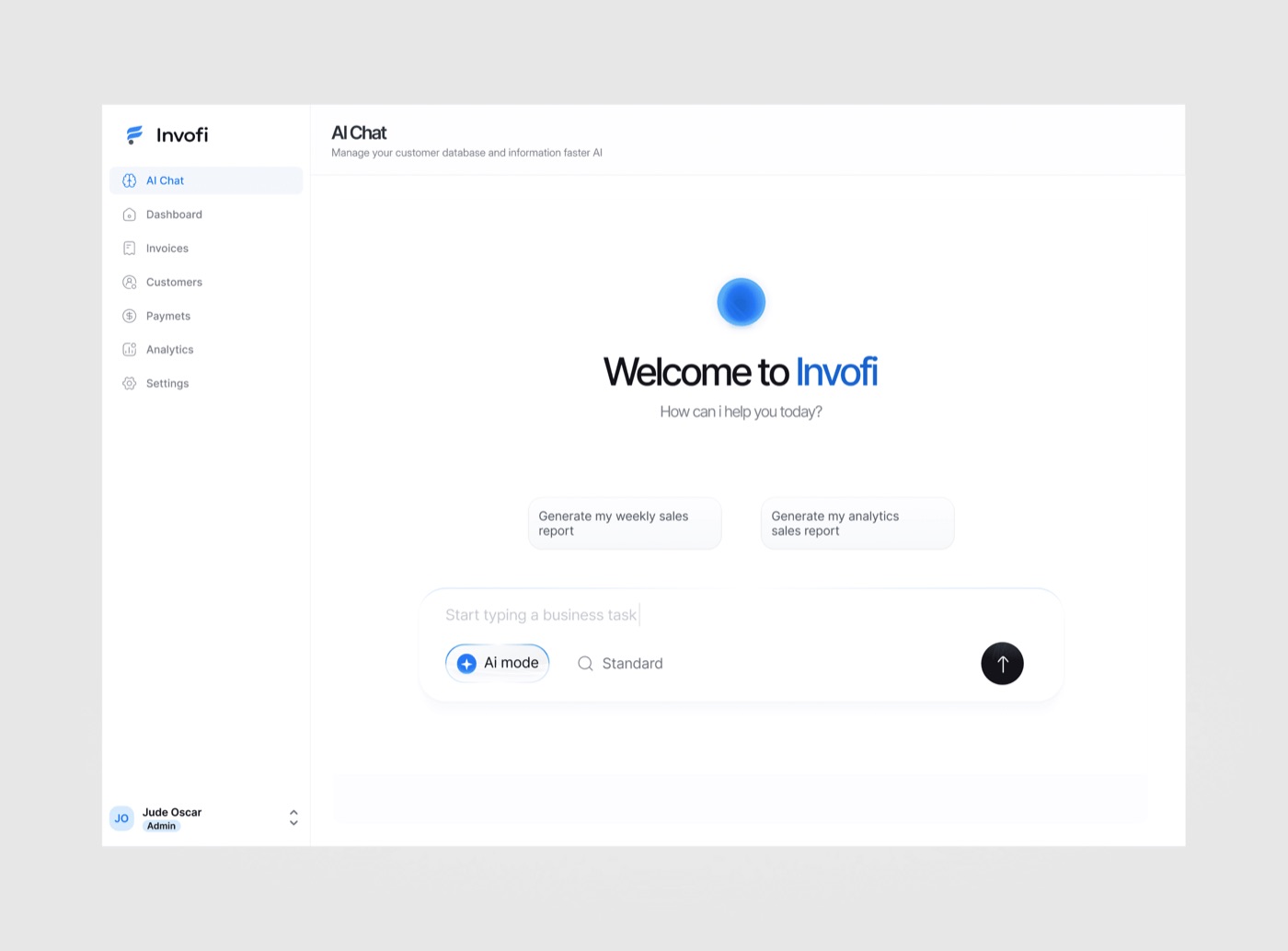 The home is a prompt, not a form: “How can I help you today?”, suggested tasks, and an AI / Standard switch