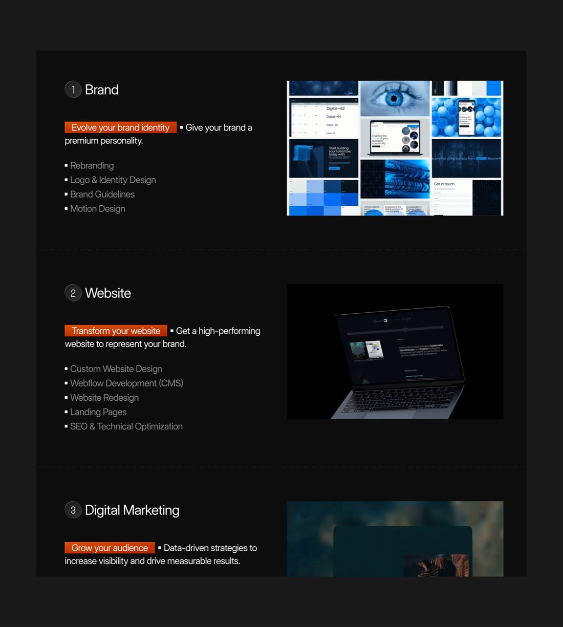 Services: Brand, Website and Digital Marketing, each with its tag, its list and an image