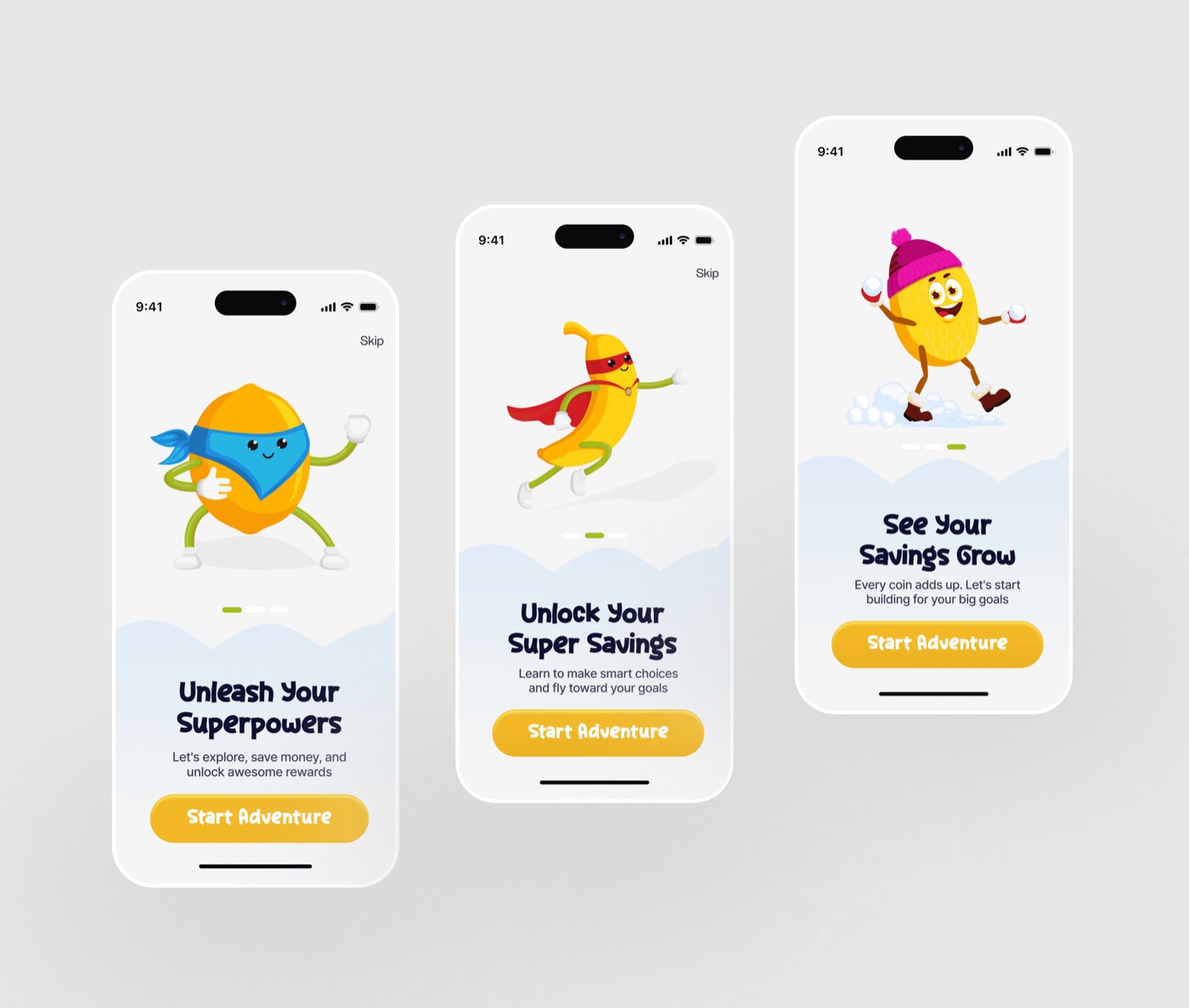 Three onboarding screens, one hero each