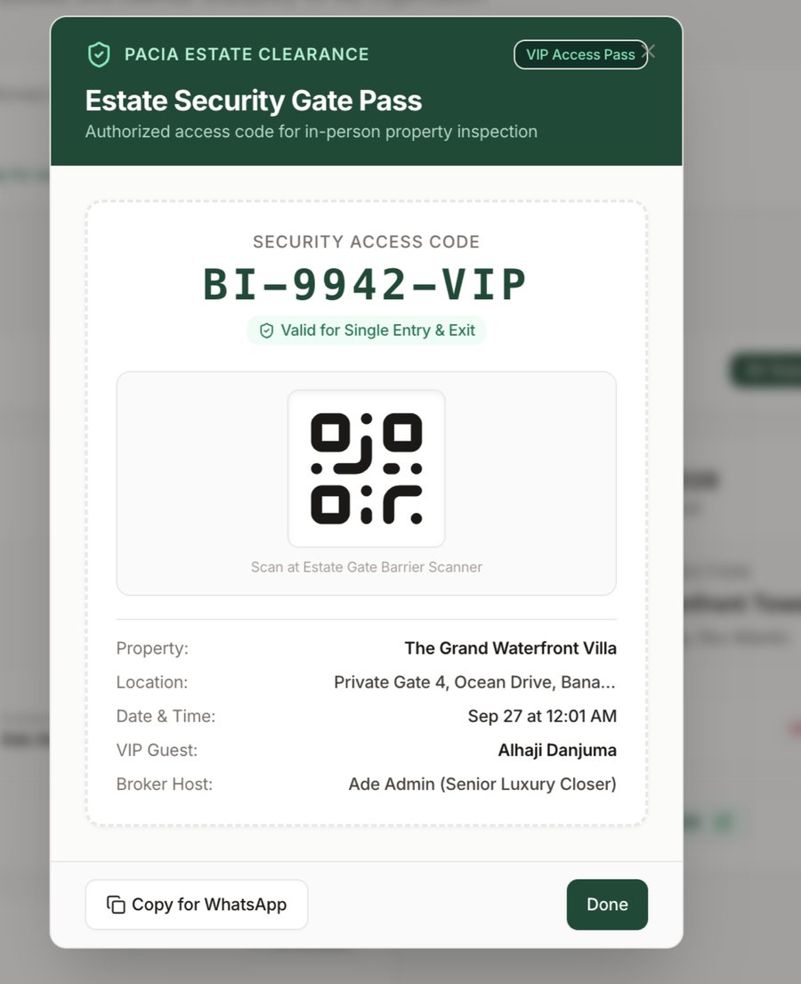 The estate gate pass for a booked inspection, ready to copy into WhatsApp (sample booking)
