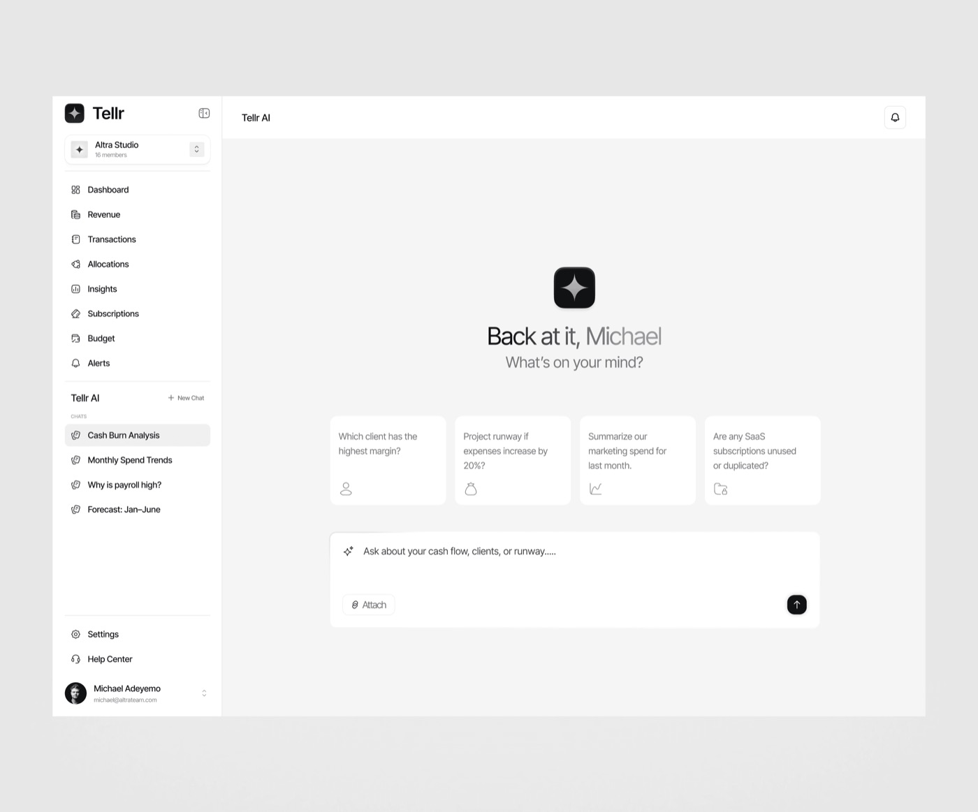 Tellr AI: prompts like “Project runway if expenses increase by 20%” and saved analyses such as Cash Burn and Forecast: Jan–June